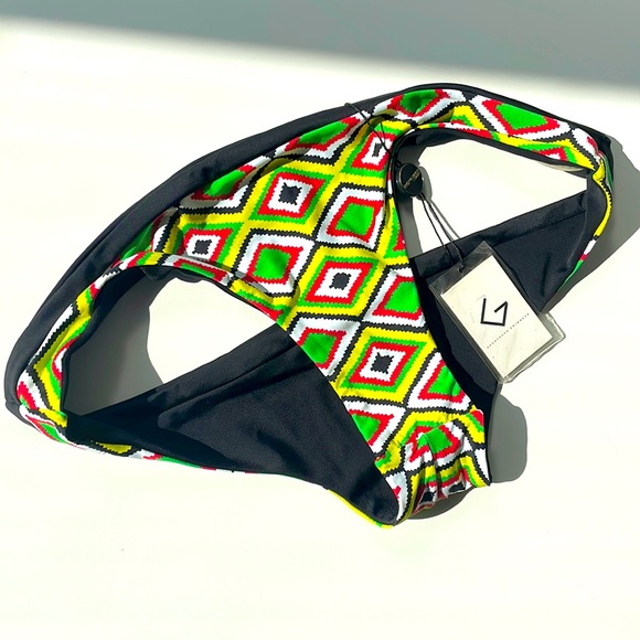 NWT Aztec yellow green tribal print cheeky swim bottom reversible L khongGboon - Picture 2 of 10